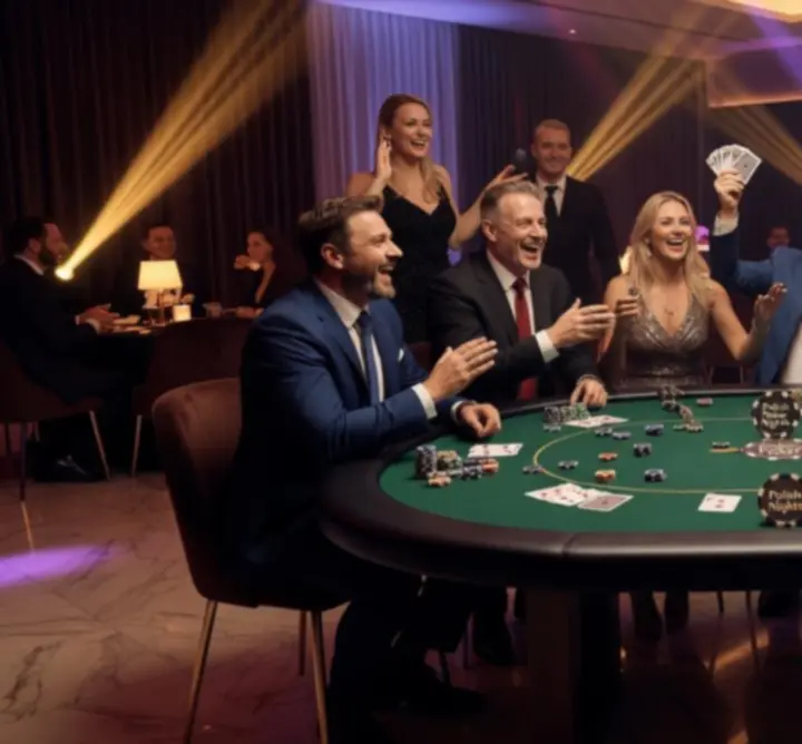 Uczestnicy wieczoru pokerowego przy stołach podczas eventu Frajda Event